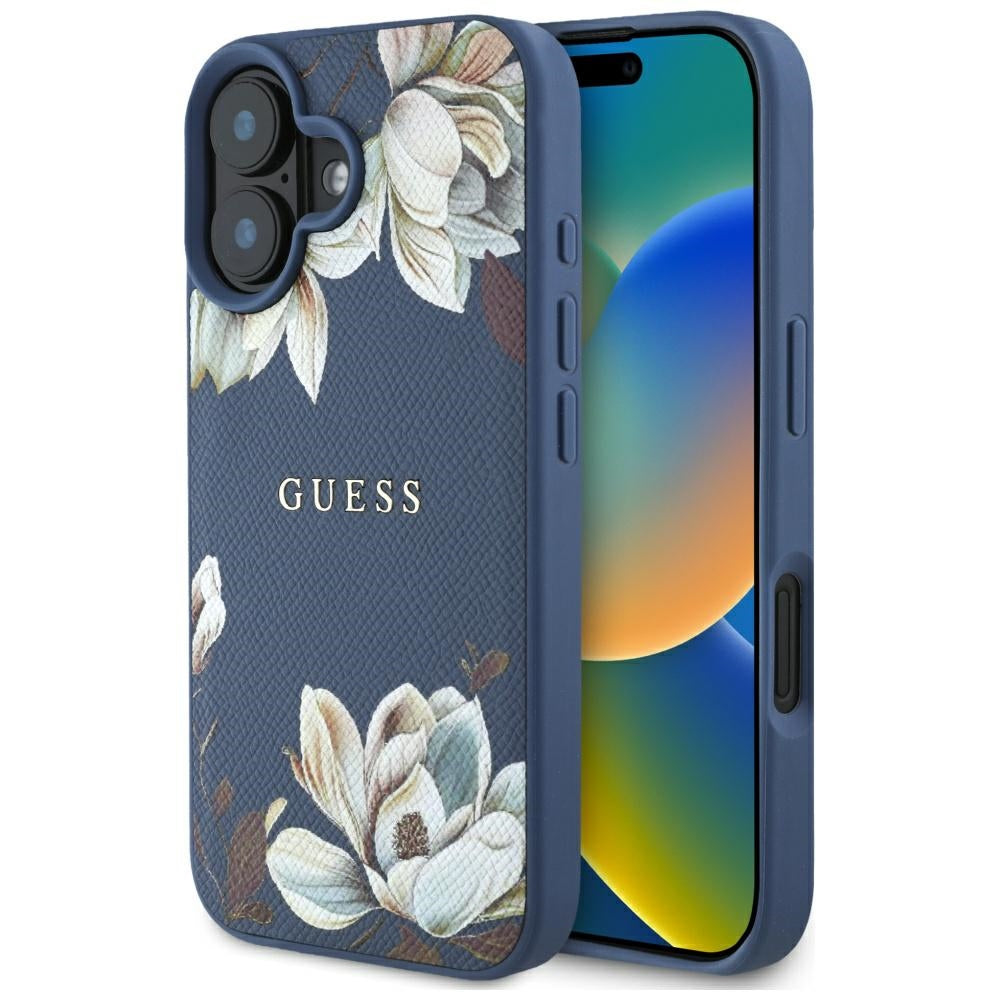 Husa MagSafe pentru Apple iPhone 16, Guess, Grained Flowers, Albastra
