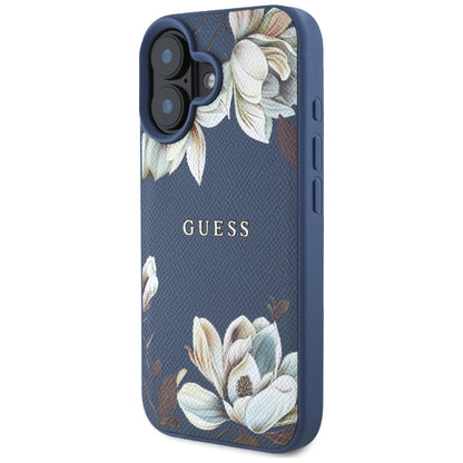 Husa MagSafe pentru Apple iPhone 16, Guess, Grained Flowers, Albastra