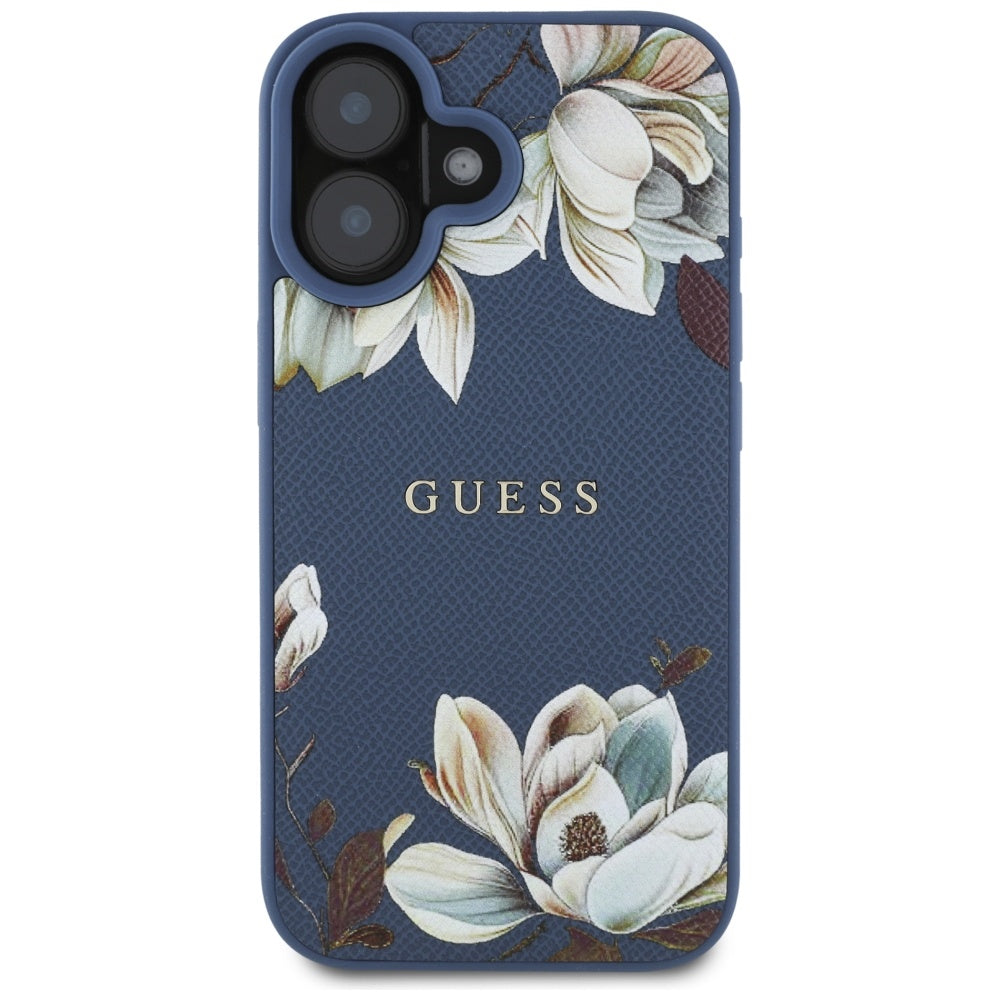 Husa MagSafe pentru Apple iPhone 16, Guess, Grained Flowers, Albastra