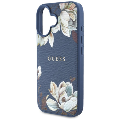 Husa MagSafe pentru Apple iPhone 16, Guess, Grained Flowers, Albastra