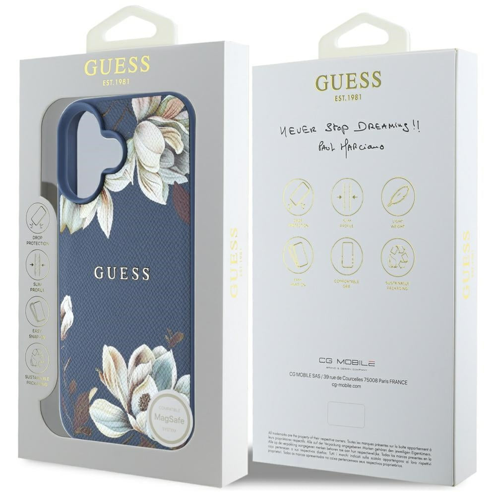 Husa MagSafe pentru Apple iPhone 16, Guess, Grained Flowers, Albastra