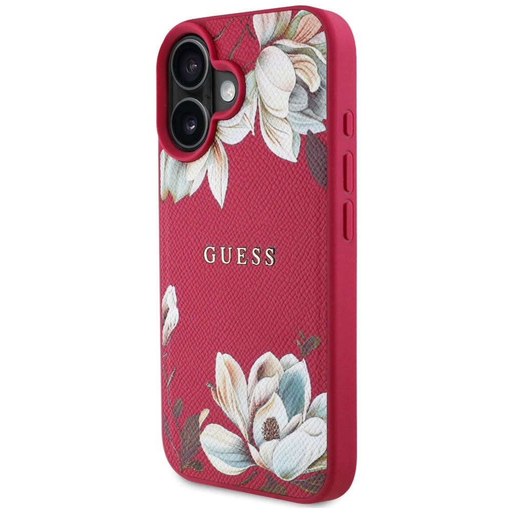 Husa MagSafe pentru Apple iPhone 16, Guess, Grained Flowers, Fucsia
