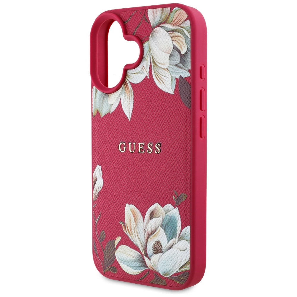 Husa MagSafe pentru Apple iPhone 16, Guess, Grained Flowers, Fucsia