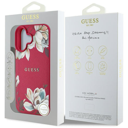 Husa MagSafe pentru Apple iPhone 16, Guess, Grained Flowers, Fucsia