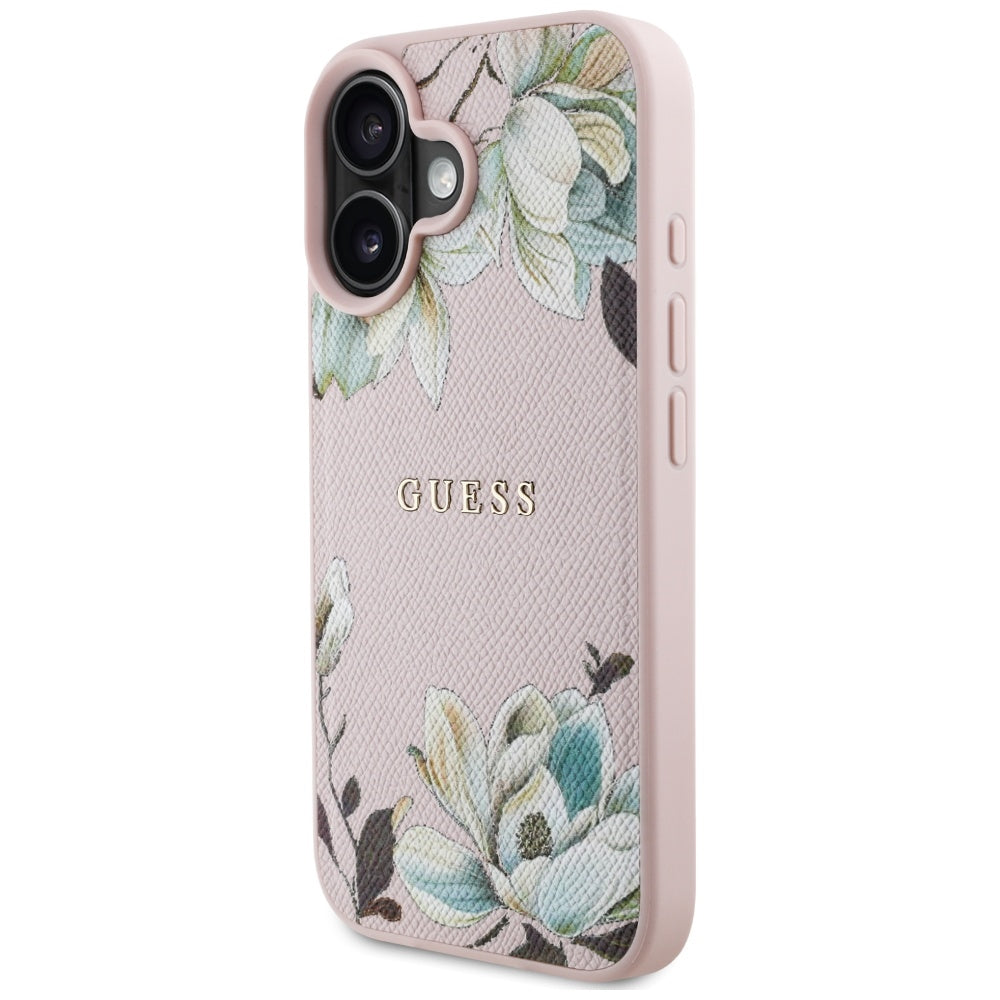 Husa MagSafe pentru Apple iPhone 16, Guess, Grained Flowers, Roz