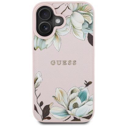 Husa MagSafe pentru Apple iPhone 16, Guess, Grained Flowers, Roz