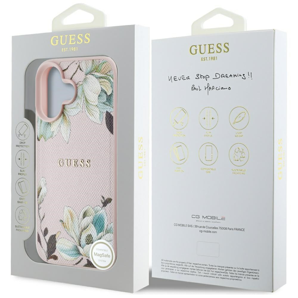 Husa MagSafe pentru Apple iPhone 16, Guess, Grained Flowers, Roz