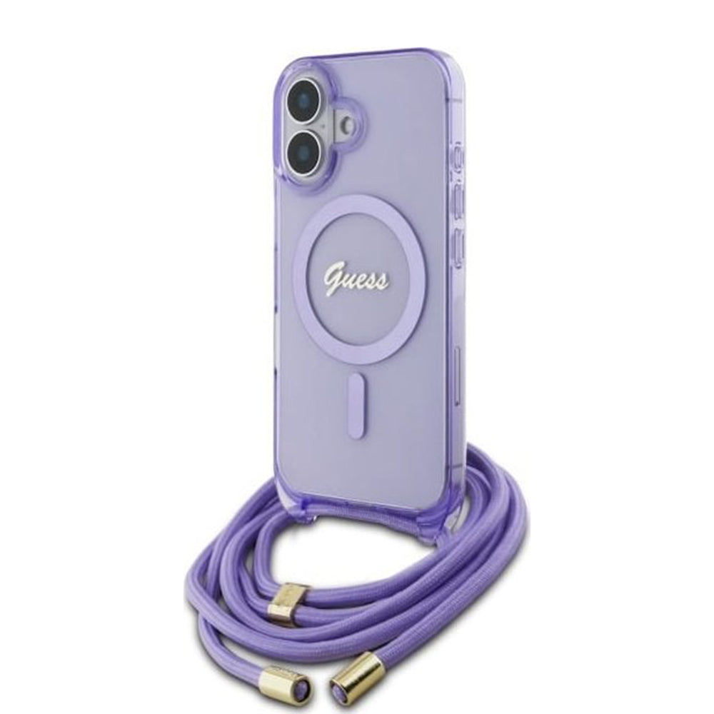 Husa MagSafe pentru Apple iPhone 16, Guess, IML Crossbody Cord Script, Mov