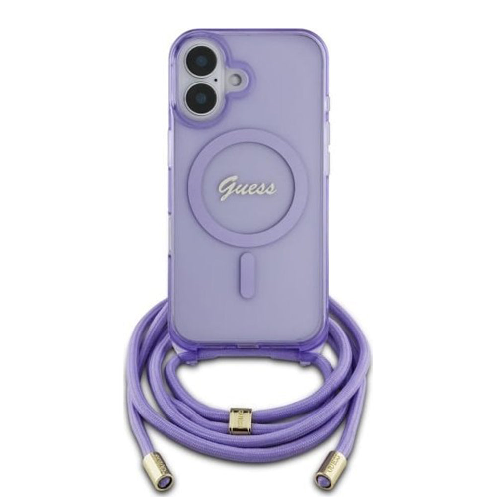 Husa MagSafe pentru Apple iPhone 16, Guess, IML Crossbody Cord Script, Roz