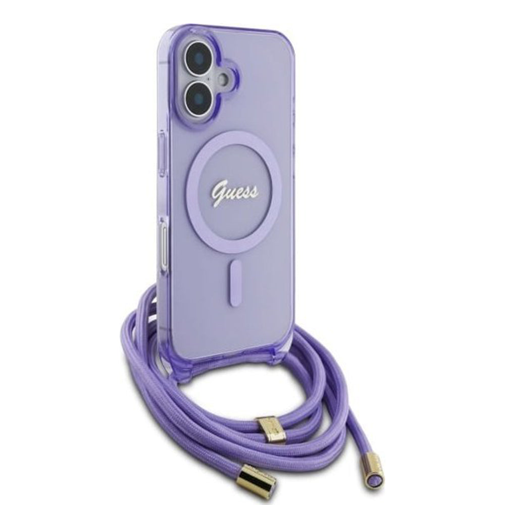 Husa MagSafe pentru Apple iPhone 16, Guess, IML Crossbody Cord Script, Roz