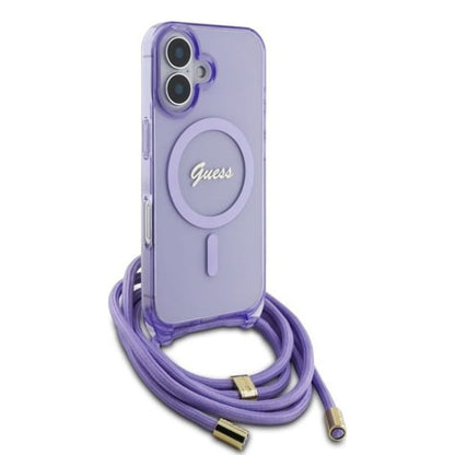 Husa MagSafe pentru Apple iPhone 16, Guess, IML Crossbody Cord Script, Roz