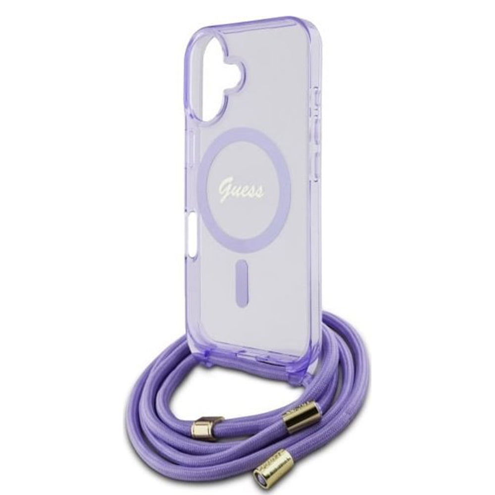 Husa MagSafe pentru Apple iPhone 16, Guess, IML Crossbody Cord Script, Roz