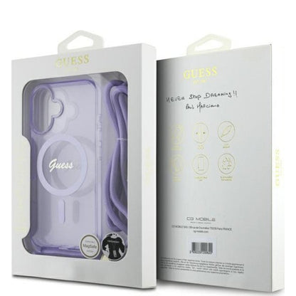 Husa MagSafe pentru Apple iPhone 16, Guess, IML Crossbody Cord Script, Roz