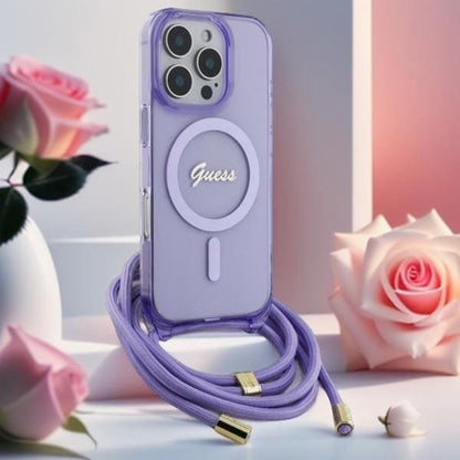 Husa MagSafe pentru Apple iPhone 16, Guess, IML Crossbody Cord Script, Roz