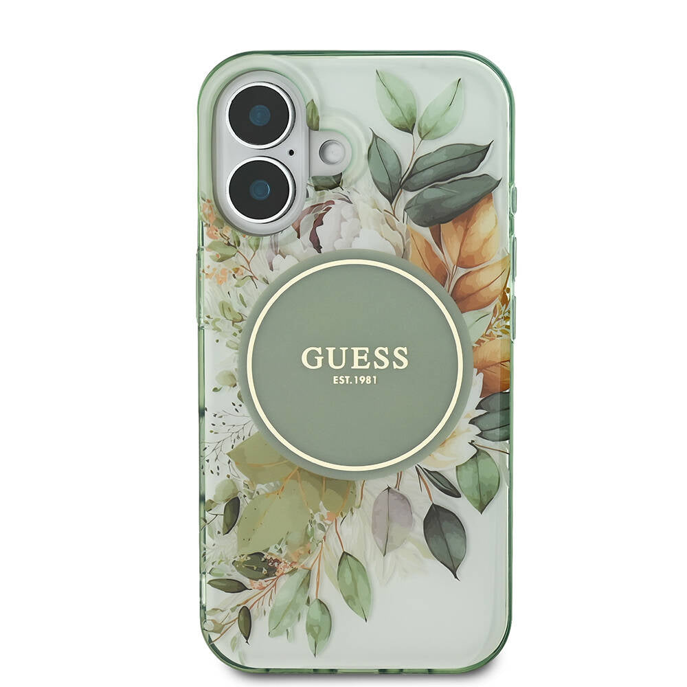 Husa MagSafe pentru Apple iPhone 16, Guess, IML Flower & Tonal Circle, Verde