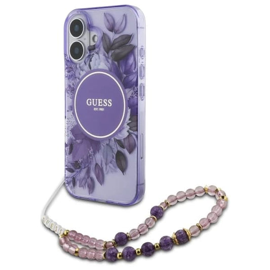 Husa MagSafe pentru Apple iPhone 16, Guess, IML Flowers with Pearl Strap, Mov