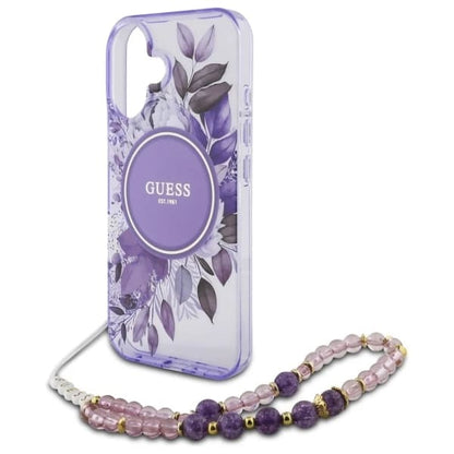 Husa MagSafe pentru Apple iPhone 16, Guess, IML Flowers with Pearl Strap, Mov