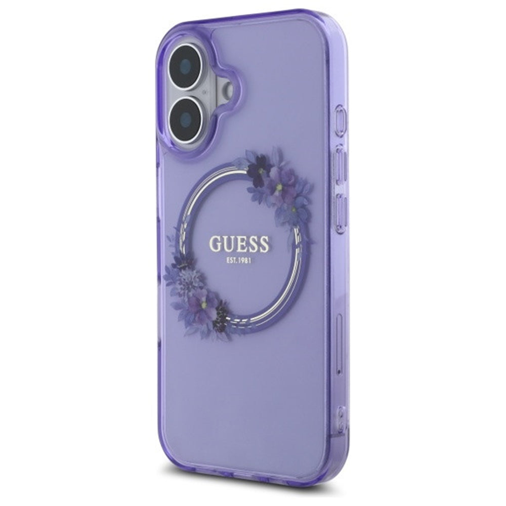 Husa MagSafe pentru Apple iPhone 16, Guess, IML Flowers Wreath, Mov