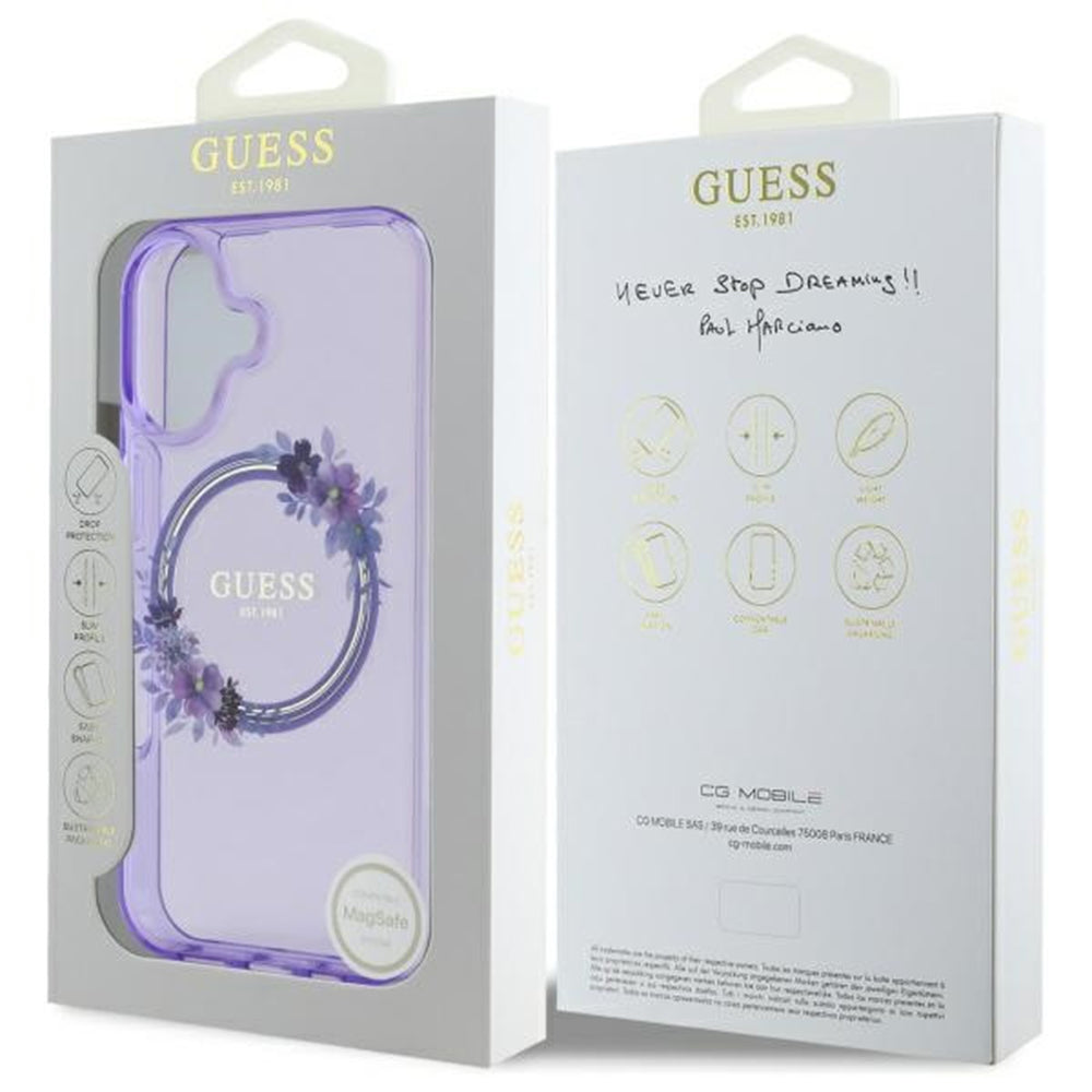 Husa MagSafe pentru Apple iPhone 16, Guess, IML Flowers Wreath, Mov
