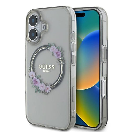 Husa MagSafe pentru Apple iPhone 16, Guess, IML Flowers Wreath, Neagra
