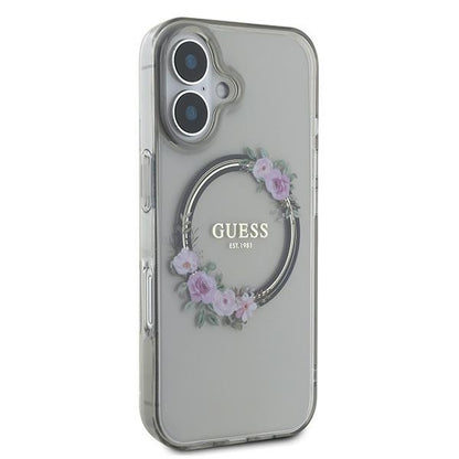 Husa MagSafe pentru Apple iPhone 16, Guess, IML Flowers Wreath, Neagra