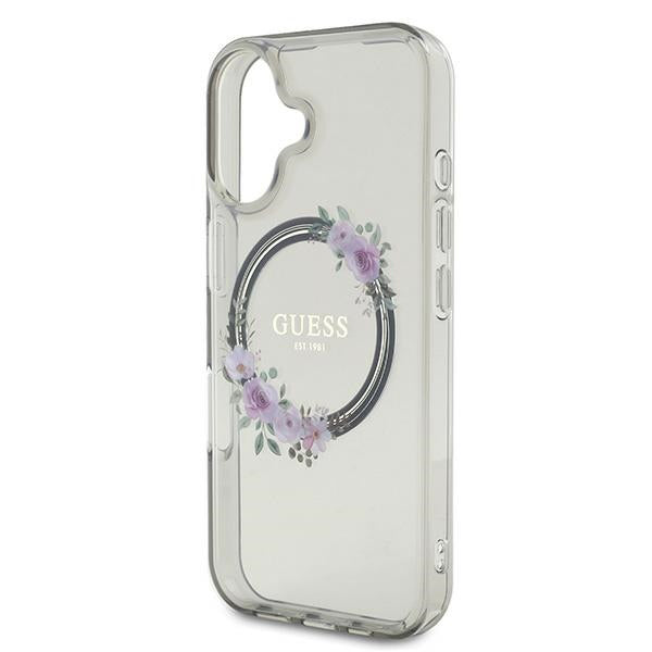 Husa MagSafe pentru Apple iPhone 16, Guess, IML Flowers Wreath, Neagra