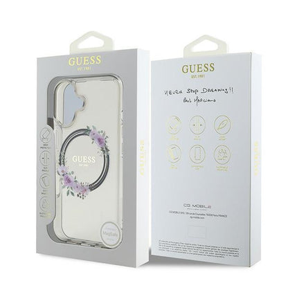Husa MagSafe pentru Apple iPhone 16, Guess, IML Flowers Wreath, Neagra