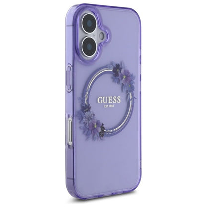 Husa MagSafe pentru Apple iPhone 16, Guess, IML Flowers Wreath, Roz