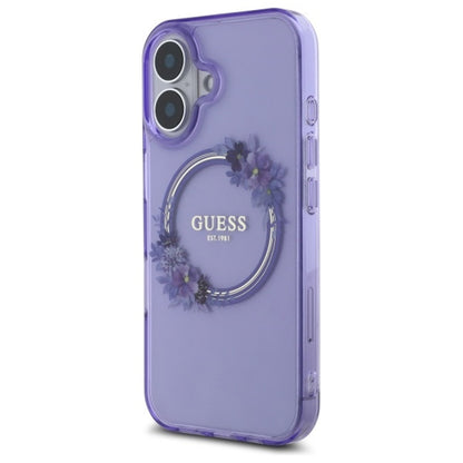 Husa MagSafe pentru Apple iPhone 16, Guess, IML Flowers Wreath, Roz