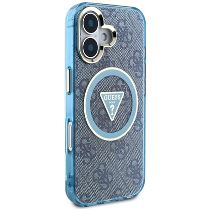 Husa MagSafe pentru Apple iPhone 16, Guess, IML Glitter 4G Circle Triangle, Albastra