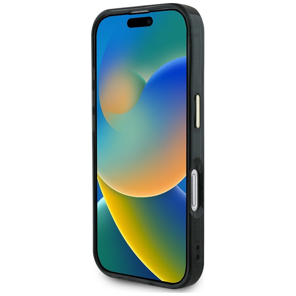 Husa MagSafe pentru Apple iPhone 16, Guess, IML Glitter 4G Circle Triangle, Neagra