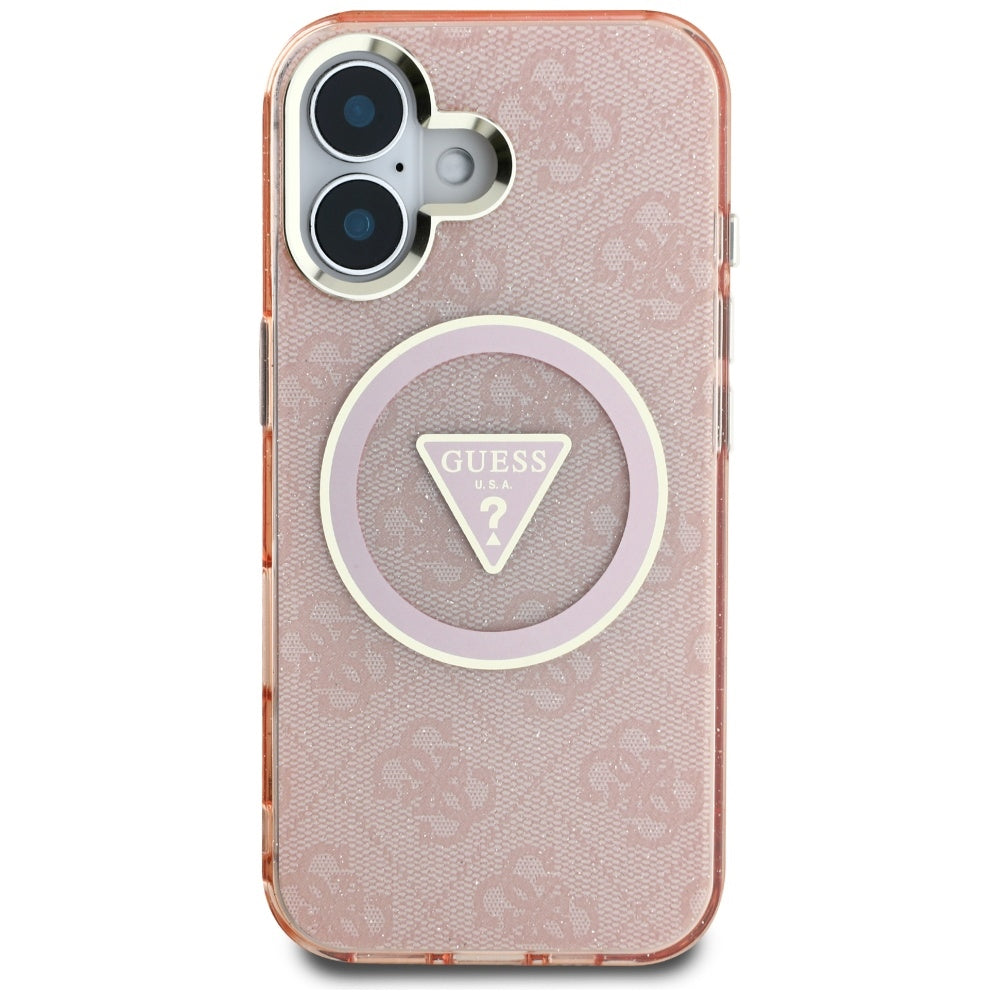 Husa MagSafe pentru Apple iPhone 16, Guess, IML Glitter 4G Circle Triangle, Roz