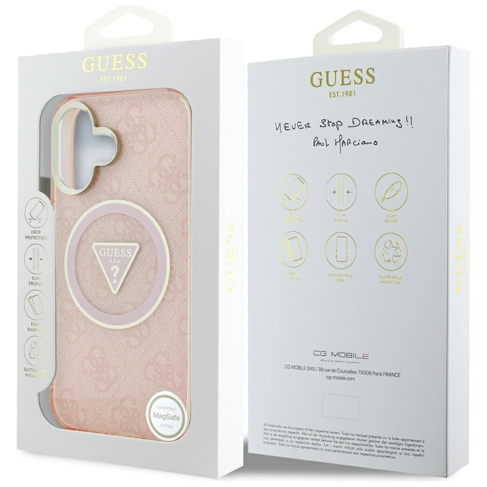 Husa MagSafe pentru Apple iPhone 16, Guess, IML Glitter 4G Circle Triangle, Roz
