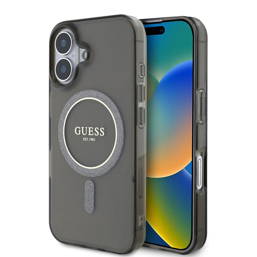 Husa MagSafe pentru Apple iPhone 16, Guess, IML Glitter Circle, Neagra
