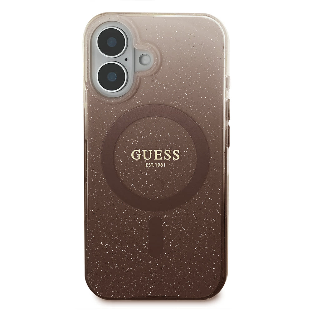 Husa MagSafe pentru Apple iPhone 16, Guess, IML Glitter Gradient, Maro