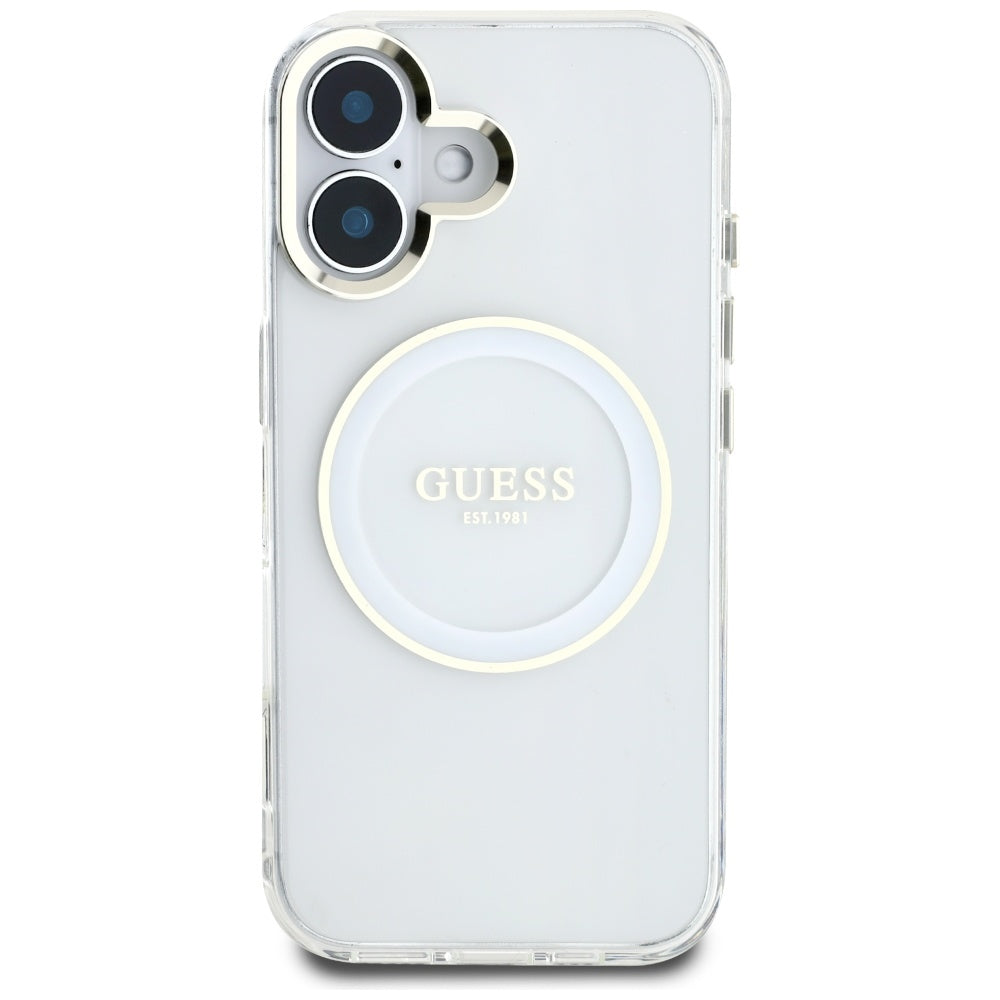 Husa MagSafe pentru Apple iPhone 16, Guess, IML Metal Colored Circle, Alba