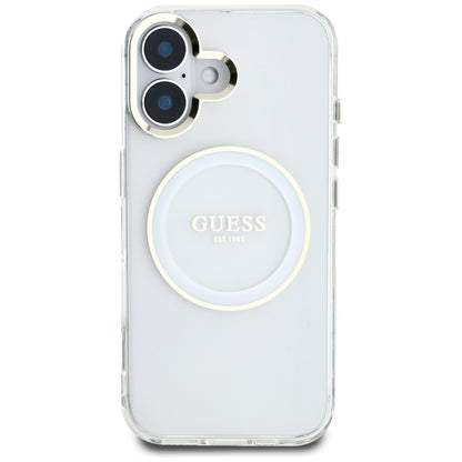 Husa MagSafe pentru Apple iPhone 16, Guess, IML Metal Colored Circle, Alba