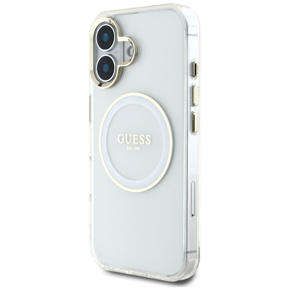 Husa MagSafe pentru Apple iPhone 16, Guess, IML Metal Colored Circle, Alba