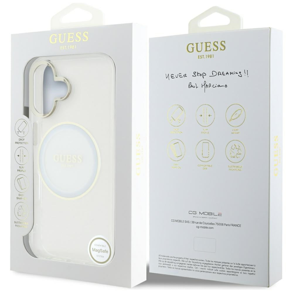 Husa MagSafe pentru Apple iPhone 16, Guess, IML Metal Colored Circle, Alba