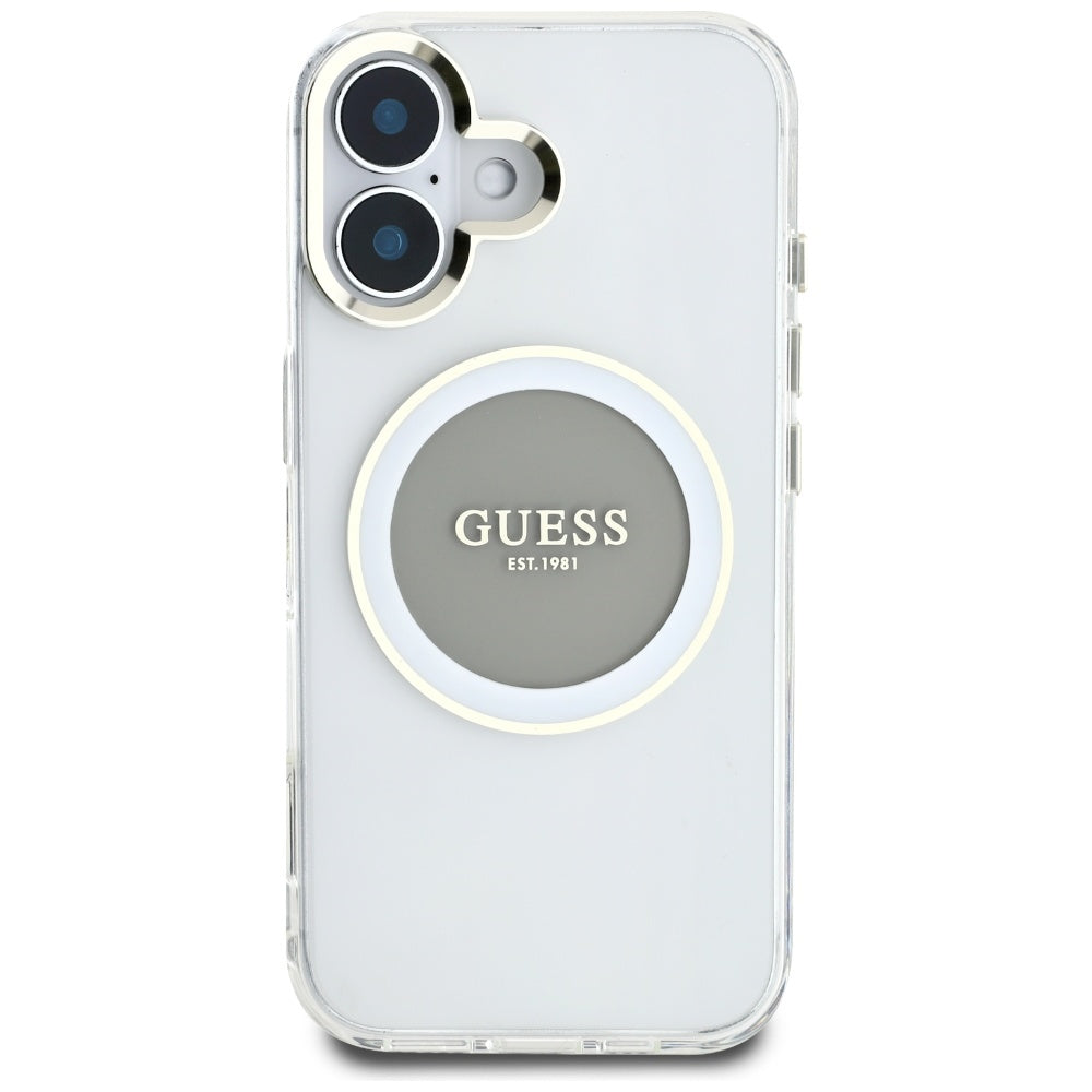 Husa MagSafe pentru Apple iPhone 16, Guess, IML Metal Colored Circle, Gri