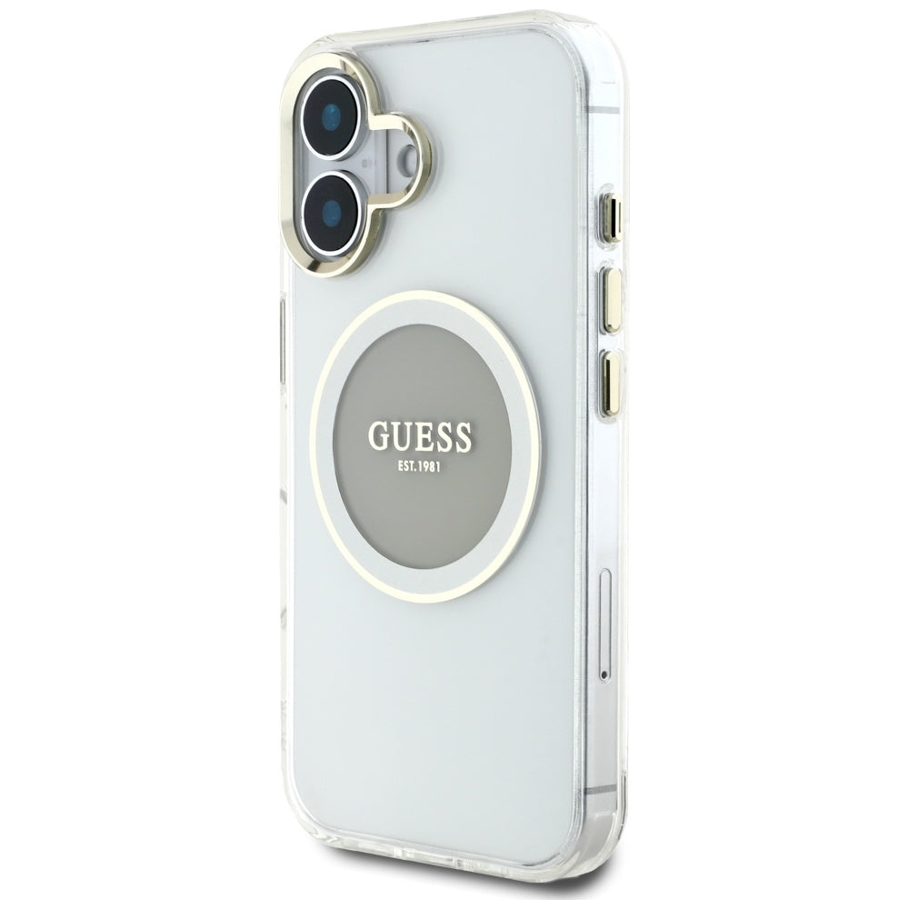 Husa MagSafe pentru Apple iPhone 16, Guess, IML Metal Colored Circle, Gri