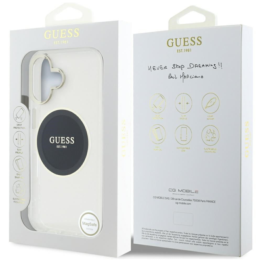 Husa MagSafe pentru Apple iPhone 16, Guess, IML Metal Colored Circle, Neagra