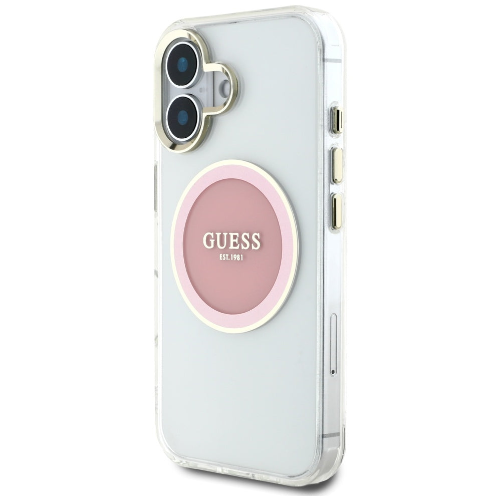 Husa MagSafe pentru Apple iPhone 16, Guess, IML Metal Colored Circle, Roz