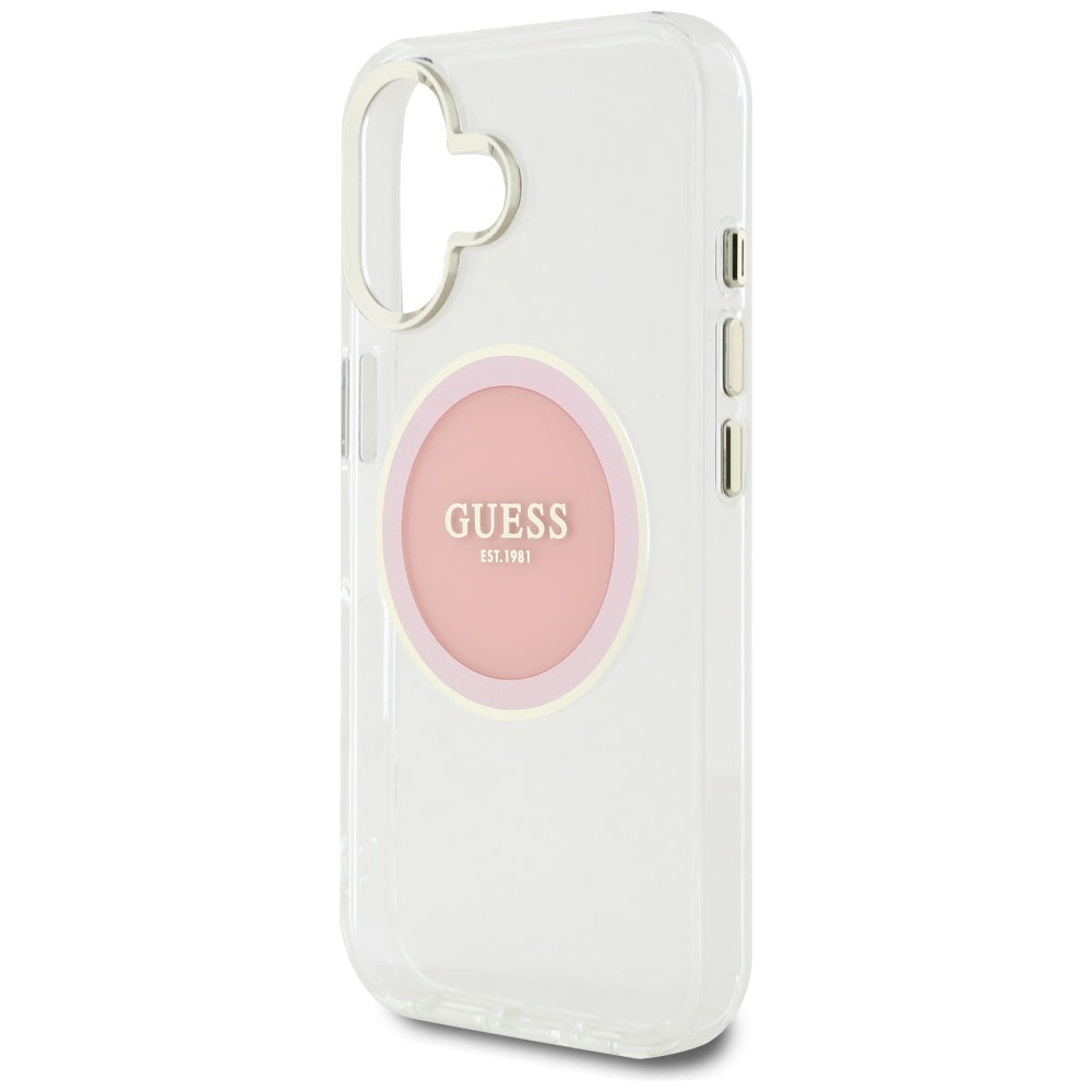 Husa MagSafe pentru Apple iPhone 16, Guess, IML Metal Colored Circle, Roz