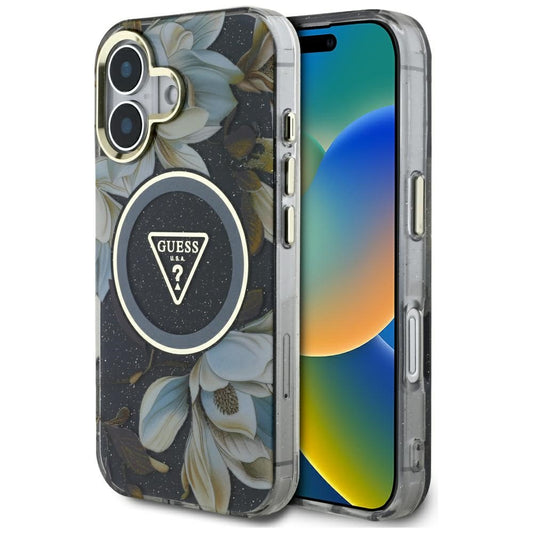 Husa MagSafe pentru Apple iPhone 16, Guess, IML Metal Glitter Flowers Triangle, Neagra