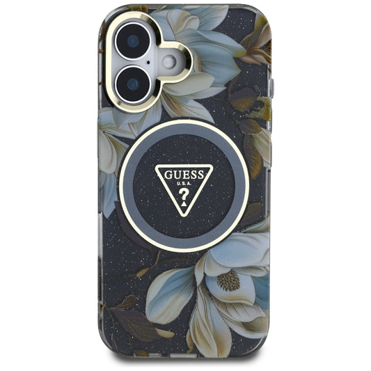 Husa MagSafe pentru Apple iPhone 16, Guess, IML Metal Glitter Flowers Triangle, Neagra