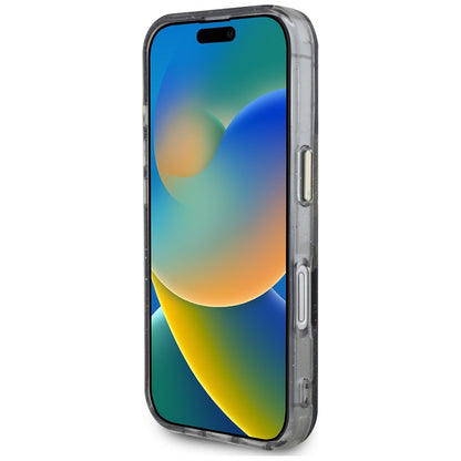 Husa MagSafe pentru Apple iPhone 16, Guess, IML Metal Glitter Flowers Triangle, Neagra