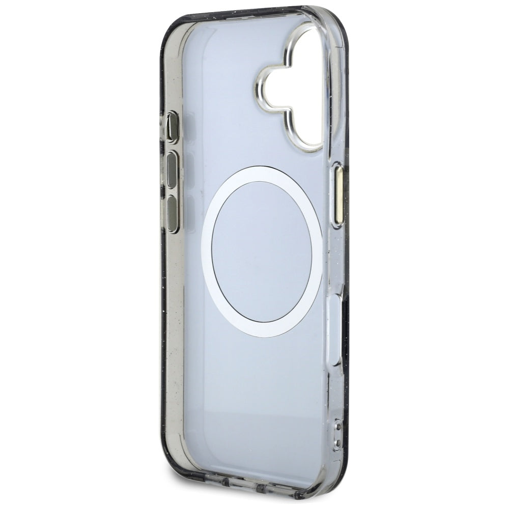 Husa MagSafe pentru Apple iPhone 16, Guess, IML Metal Glitter Flowers Triangle, Neagra