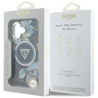 Husa MagSafe pentru Apple iPhone 16, Guess, IML Metal Glitter Flowers Triangle, Neagra