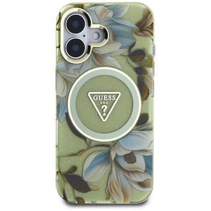 Husa MagSafe pentru Apple iPhone 16, Guess, IML Metal Glitter Flowers Triangle, Verde